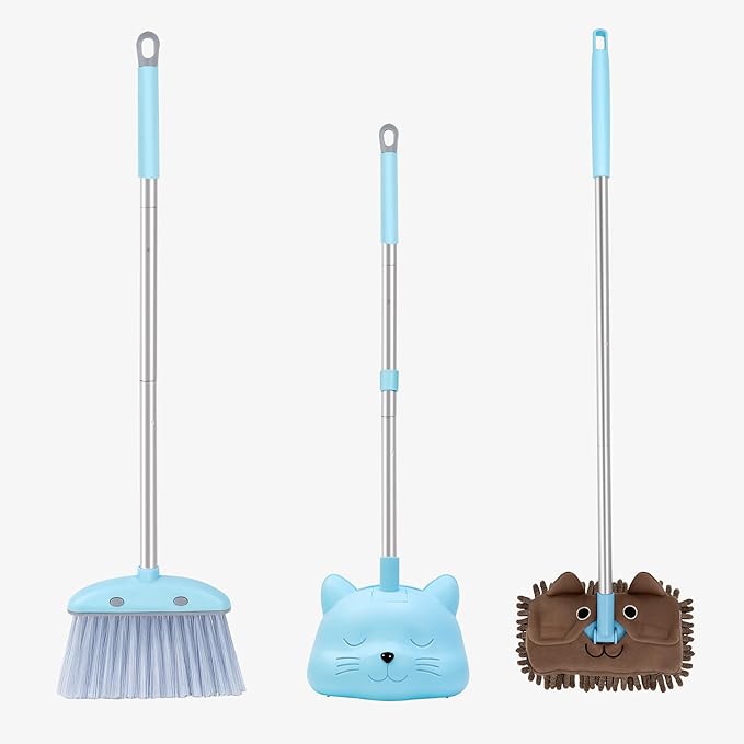 28'' Kids Mini Broom with Dustpan & Mop Set - Toddler Cleaning Toy, Toddler Household Helper, Parent-Child Interactive Play Cleaning Tool, Cute Cartoon Design, Small Safe Corner Broom (Blue)
