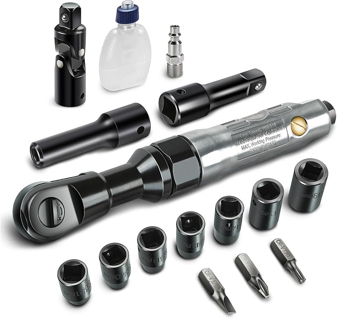 DNA MOTORING 17 Pcs 1/2-Inch Air Ratchet Wrench Set 50 FT.-LB / 69 N.M Electric Ratchet Wrench Set for Repairs, Machinery Maintenance Assembly, W/Case, Sliver/Black, TOOLS-00529