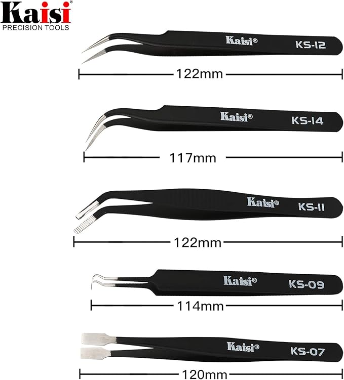 Precision Tweezers Set, Kaisi 12 PCS ESD Tweezer Set, Anti-Static Stainless Steel Tweezers Kit Curved Tweezers for Craft, Jewelry, Electronics, Laboratory Work