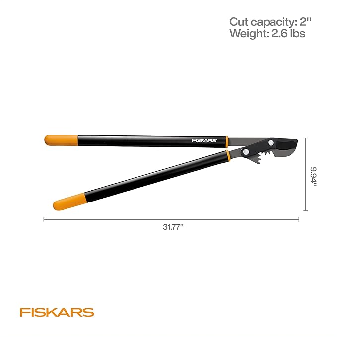 Fiskars 32" PowerGear Bypass Loppers, Patented Mechanism Multiplies Force 3x to Reduce Strain, Heavy-Duty Precision-Ground Steel Blade for Living Growth, Trims Tree Branches up to 2" Diameter