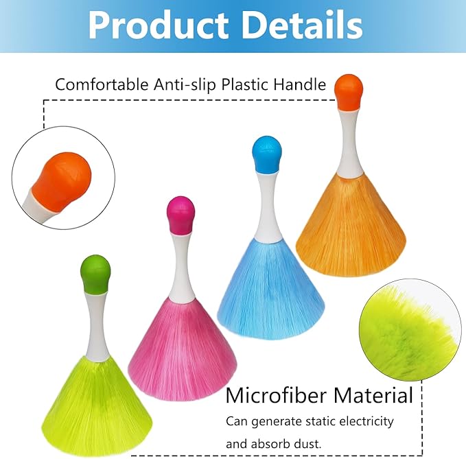 4 Pack 8" Hand Grips Microfiber Washable Duster, Suitable for Light Daily Household Dusting, Electrostatic Feather Duster Brush,Cleaning Supplies for Book,Screen,Sofa,Car,Furniture,Photo Frames