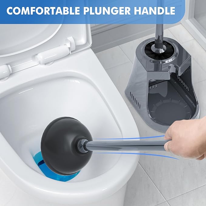 Toilet Plunger and Brush with Holder, Bowl Brush and Heavy Duty Toilet Plunger Set with Ventilated Holder, 2-in-1 Toilet Brush and Plunger Combo for 5.3-inch Toilet Drain New Pack (Grey, 1)