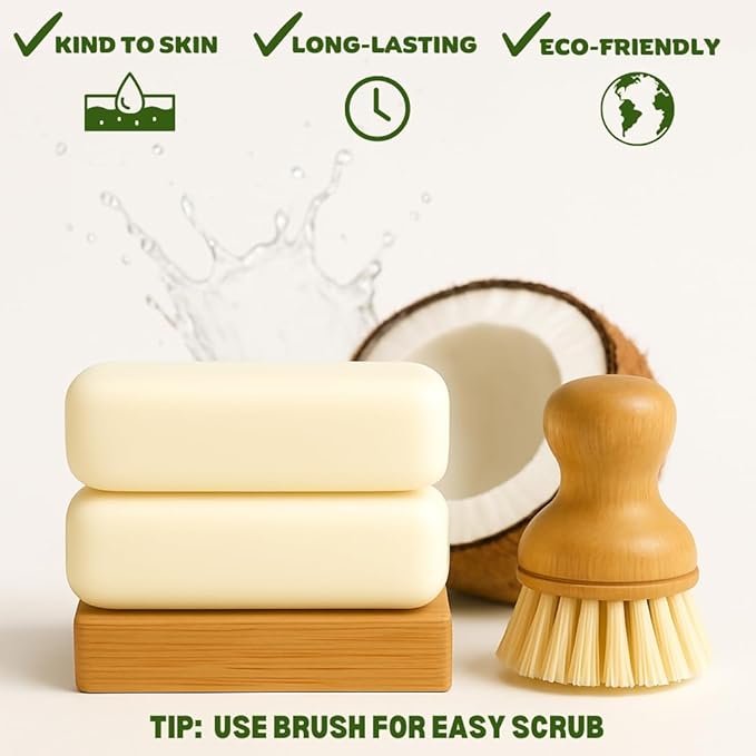 Solid Dish Soap Bar for Sensitive Skin – Organic Ingredients with Coconut, Hypoallergenic, Chemical-Free, Ultra-Concentrated Biodegradable Formula, Plant-Based & Zero Waste – 2 Bars