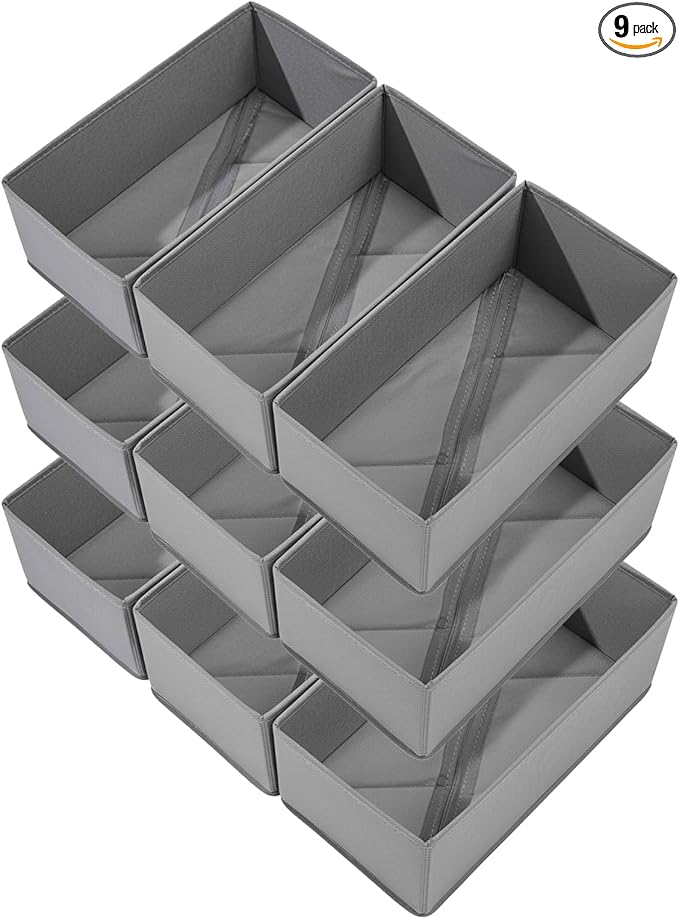 Bructhun Sock Drawer Organizer 9 Pack - Collapsible Fabric Storage Bins for Underwear Divider, Small Closet Organizers with 9 Compartments, Gray