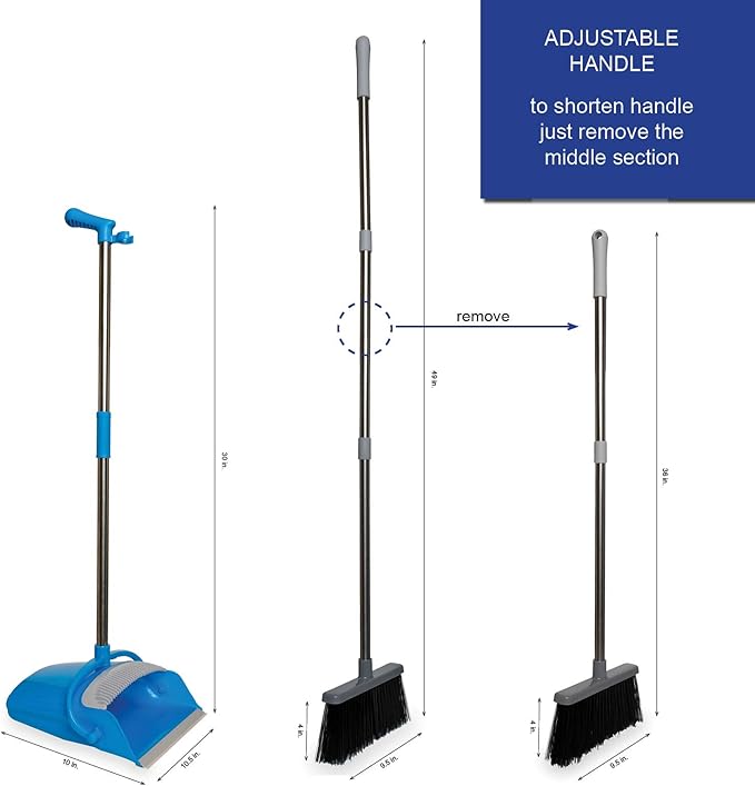 BristleComb Outdoor Broom & Dustpan Set Upright, 49" Long Adjustable Broom, Long Handle, Self-Cleaning Comb & 2 Interchangeable Heads of Different Stiffness - Medium and Coarse