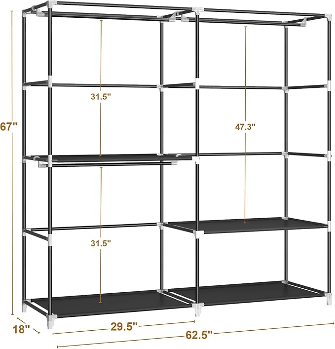 MOGELAFOO 62.5" Closet Wardrobe, Portable Closet for Bedroom, Freestanding Clothes Rack with Non-Woven Fabric Cover, 3 Hanging Rods, 4 Storage Shelves, Clothes Storage Organizer, Black