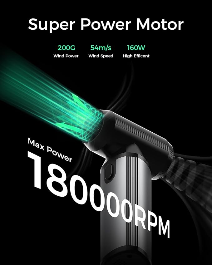 EG evoger Electric Air Duster,180000RPM Super Power Handheld Cordless Air Duster 6000mAh 3-Gear Adjustable Dust Blower for Computer, Keyboard,Outdoor, House, Car