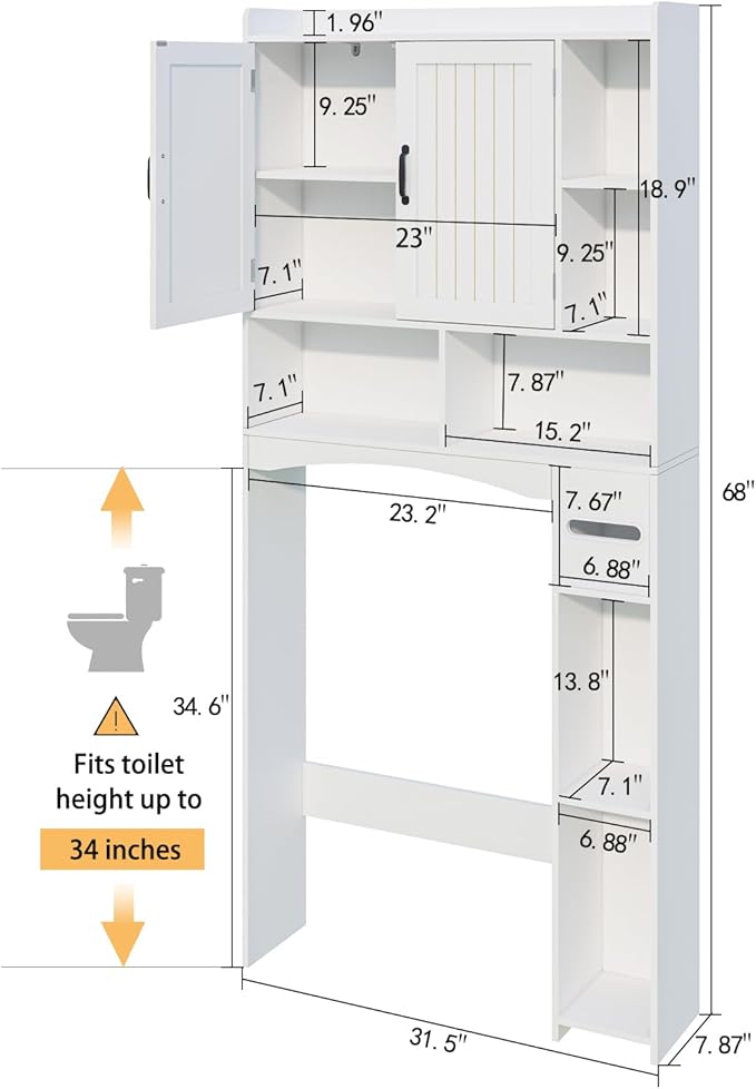 Viaozutis Over The Toilet Storage Cabinet, Over Toilet Bathroom Organizer, Bathroom Storage cabinets with Anti Tipping Devices, Storage cabinets with Toilet Paper Holders, for Bathroom, Laundr（White）