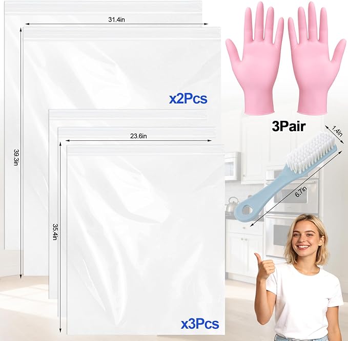 Juome Oven Rack Cleaning Bags, 5 Pack Reusable No Scrub Oven Rack Cleaning Bags Kit with 6 Gloves & 1 Brush, Leak Proof PE Bags (23.6*35.4inch & 31.5*39.4inch) for Deep Soaking BBQ Racks, Grill Grates