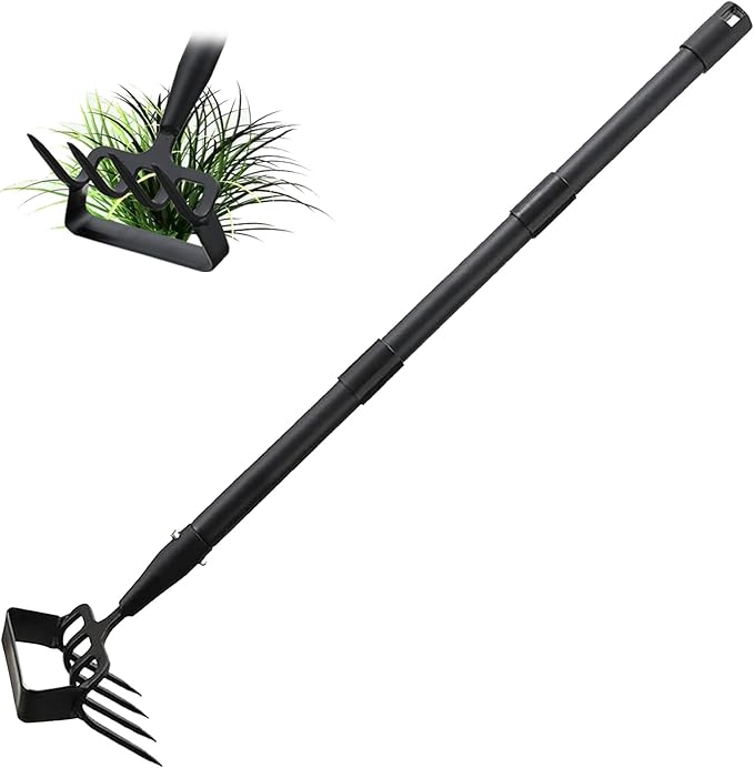 INFLATION Heavy Duty Metal Gardening Weed Puller Tool 4 Tines Prong 2-in-1 Herb Stripper Yard Rake for Women Kids Men Garden Grandpas Weeder 32-62 inch Long Adjustable Handle