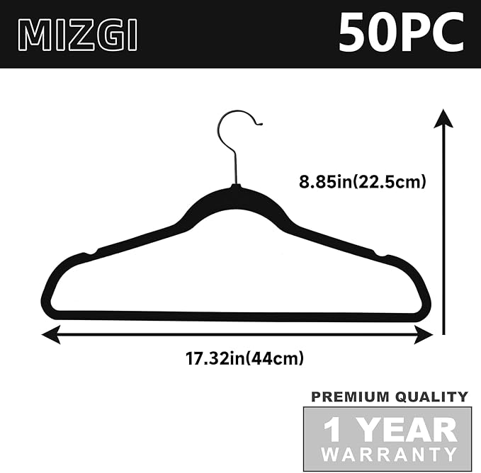 MIZGI Premium All Black Velvet Hangers with Black Hooks (50 Pack) Heavy Duty - Non Slip Felt Hangers - 360 Degree Swivel,Space Saving Clothes Hangers,Durable Strong Hanger for Suits,Coat