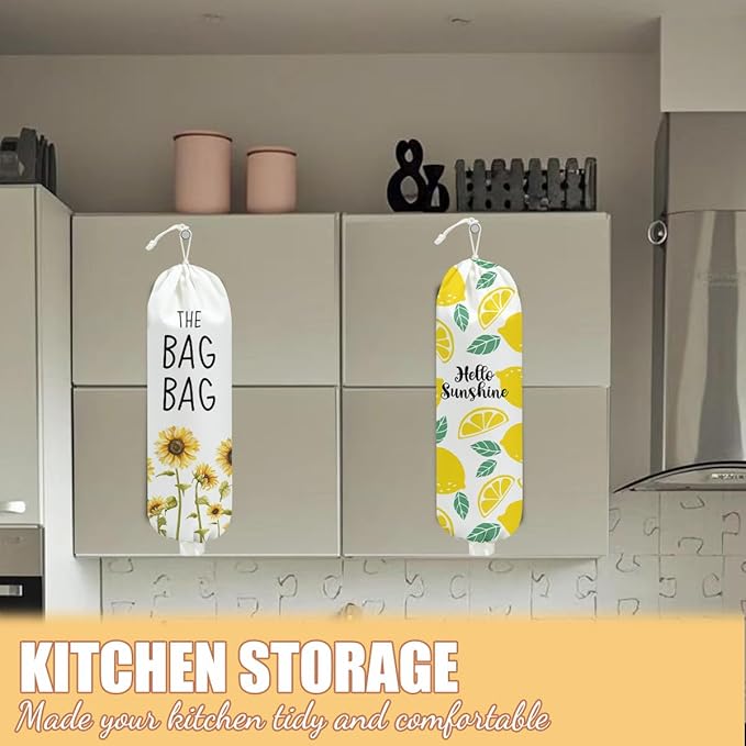 2 Pcs Sunflower Plastic Bag Holder, Lemon grocery bag holder for plastic Storage bag, Reusable Grocery Bag Organizer with Drawstring, Pull Rope Free Adjustment, Home Kitchen Pantry Decor, 22.5x9 Inch