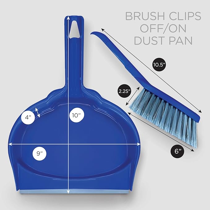 LOLA Clip On Dust Pan & Brush Set, w/Easy Dust, Dirt & Debris Catching Rubber Lip, Flagged Fiber Bristled Brush, Hang Hole for Easy Storage
