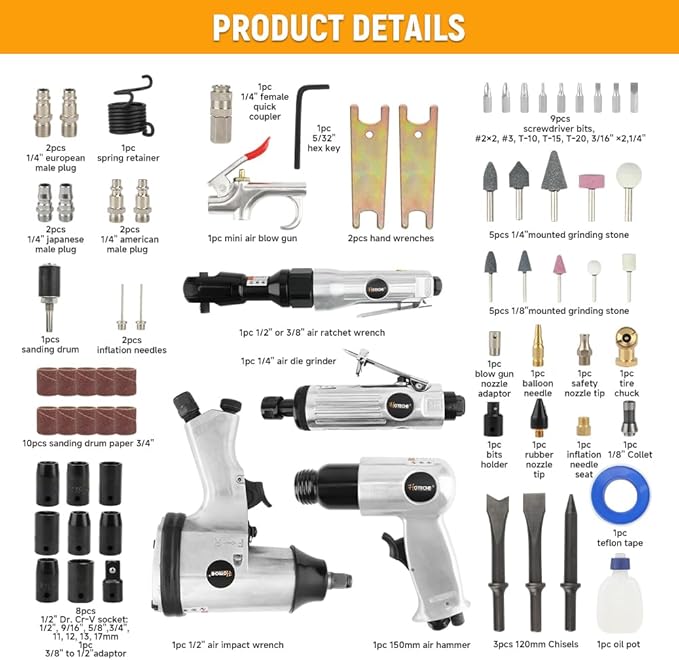 Hoteche 71-Piece Air Tool Kit | 1/2" Single-Hammer Air Impact Wrench (7000RPM), 1/2" Air Ratchet Wrench & Multiple Tools, Blow-Molded Case