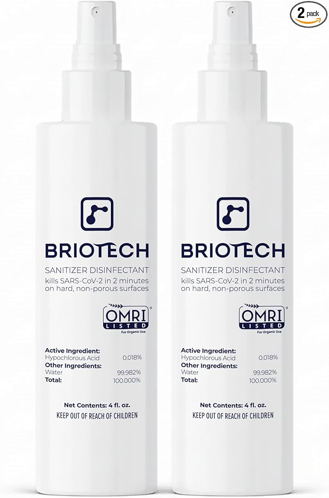 BRIOTECH Sanitizer Disinfectant Hypochlorous Spray, Kill 99.99% of Viruses & Bacteria, Control Mold, Eliminate Odor, Gentle for Nursery & Play Rooms, Food Contact Surface Sanitizer, 4 fl oz (2 Pack)