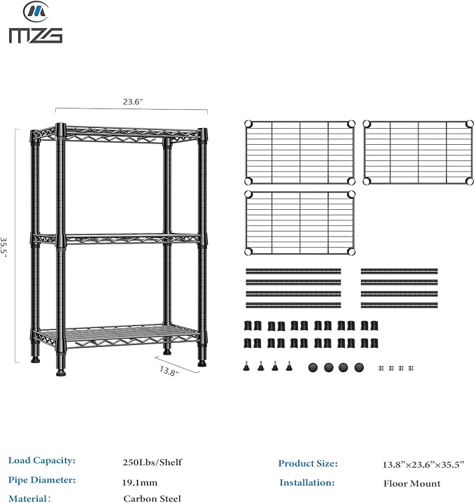 M MZG 750 lbs 3 Tier Shelf Metal Storage Shelves Shelving Wire Rack Heavy Duty Closet Organizers for Garage Kitchen Bathroom Laundry Black 13.8" D x 23.6" W x 35.5" H
