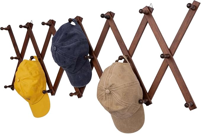 SCUNDA Accordion Wall Hanger with 20 Hooks, Expandable Wall Hat Display Rack, Wooden Wall Hook for Coat, Hats, Baseball Caps, Coffee Mug, Jewelry(Brown)