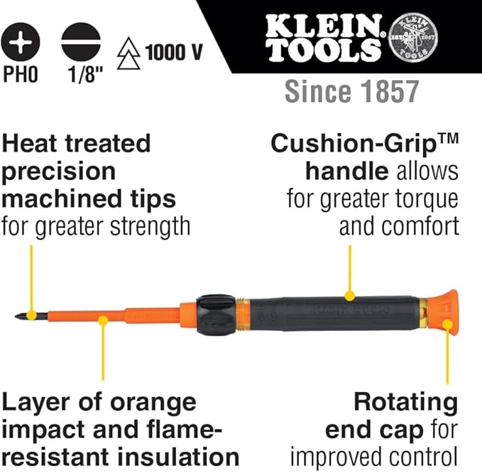 Klein Tools 32581INS Precision Screwdriver, 2-in-1 Insulated Screwdriver with No. 0 Phillips and 1/8-Inch Slotted Bits