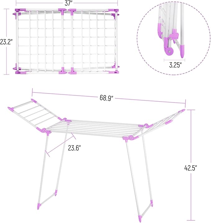 Clothes Drying Rack, Gullwing Laundry Rack, Collapsible, Space-Saving Laundry Rack, with Bonus Sock Clips, for Clothes, Towels, Linens, Indoor/Outdoor, Purple