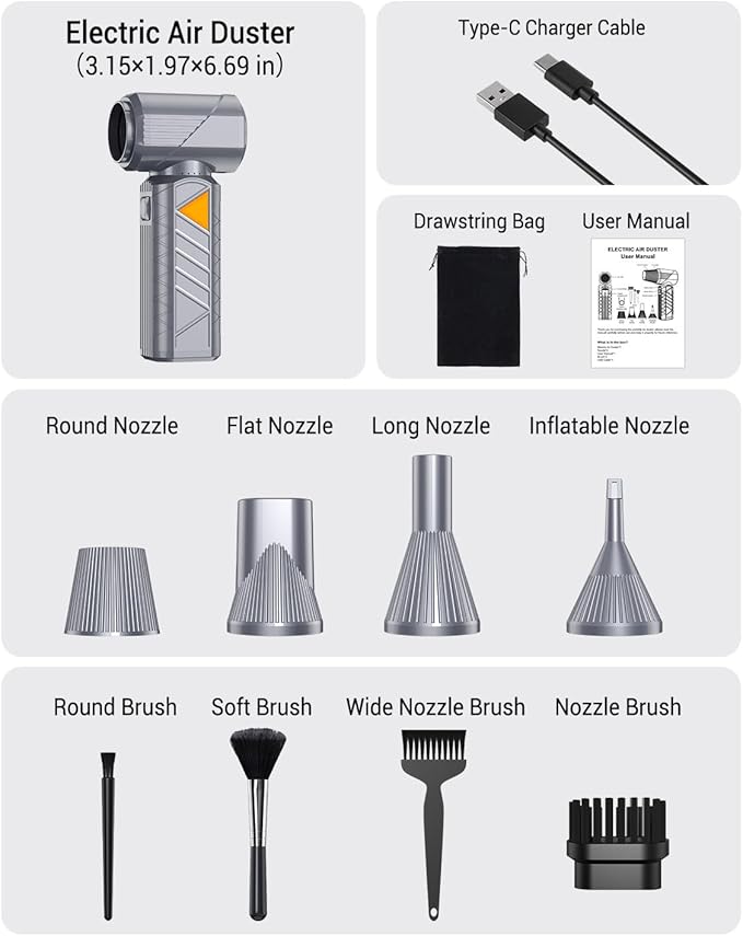 BOBYE Compressed Air Duster, 350W High-Powered Electric Air Duster with 180,000 RPM, Extended Runtime, 10000 mAh Battery, Mini Blower & Air Duster Rechargeable for Keyboard, PC, Car, Home, Silver