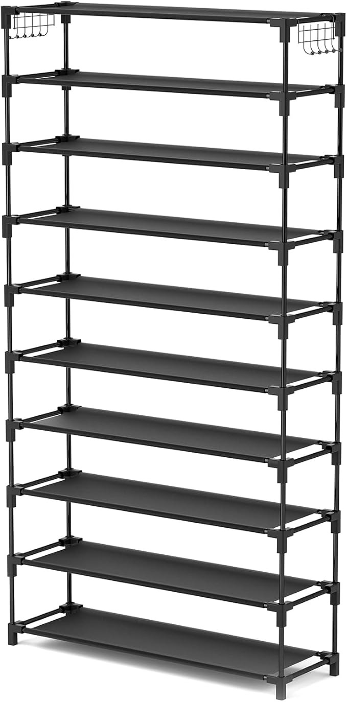 LANTEFUL 10 Tiers Shoe Rack 50 Pairs Large Capacity Tall Shoe Organizer Sturdy Shoe Storage with Two Hooks Space Saving Metal Wide Shoe Rack for Closet, Entryway, Bedroom, Black