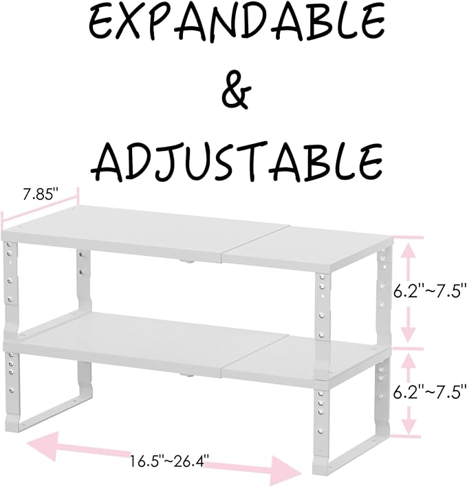 Adjustable Metal Shelving Unit, Stackable & Expendable Storage Rack for Home/Office/Kitchen, Space-Saving，Sturdy&Durable，Easy Assembly (2PACKS/Medium/White