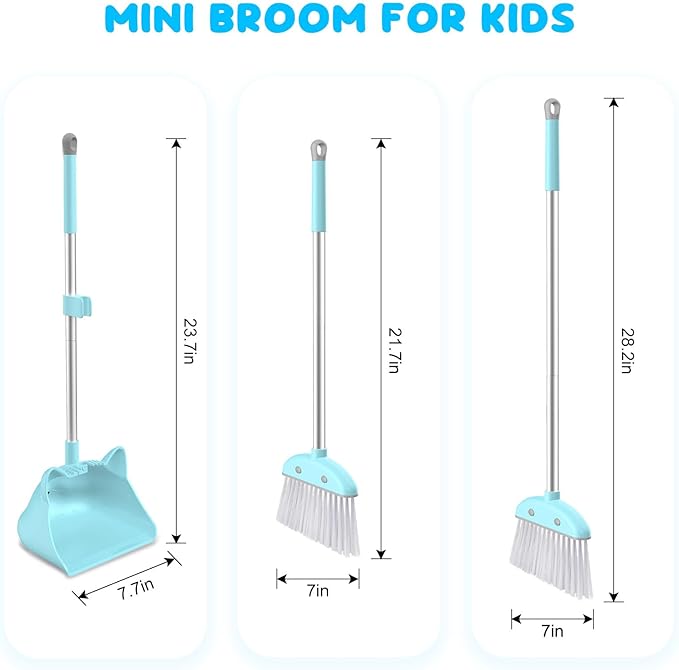 Mini Broom with Dustpan for Kids, 28-in Handle Kids Broom and Dustpan Set for Toddlers Cat-Shaped Children Broom and Cleaning Set Boys Girls Small Housekeeping Helper Set, Blue