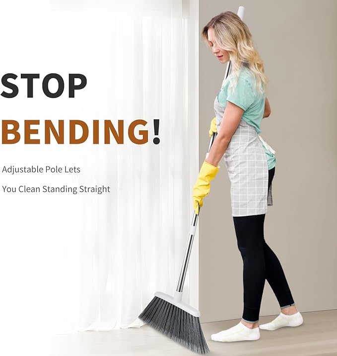 Broom, Outdoor Brooms for Sweeping Indoor, Adjustable 55" Pet Hair Removal Heavy Duty Broom for Floors Home Kitchen Garage Commercial Patio Industrial Snow (White)
