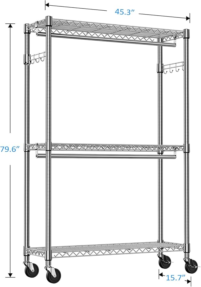IZEUK Heavy Duty Rolling Garment Rack Wire Clothes Rack for Hanging Clothes (Chrome, 3 Tier with 2 Rod, 15.7" D x 45.3" W x 79.6" H)