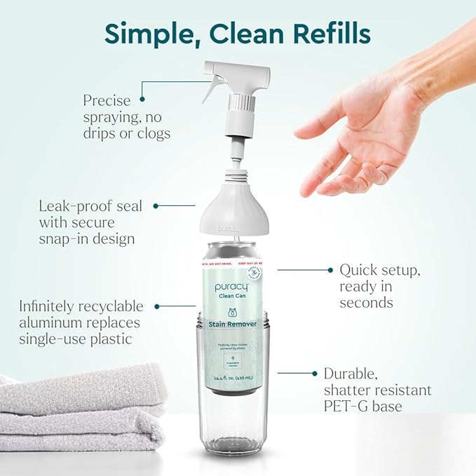 Puracy Natural Stain Remover - Clean Can - Fabric Stain Remover for Clothes Laundry - Stain Treater - Active Enzyme Laundry Stain Remover Spray - Spot Remover for Clothes (Starter Set, Free & Clear)