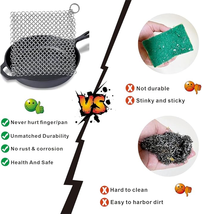 Cast Iron Cleaner - 6 Inch Stainless Steel Chain mail Scrubber for Cast Iron Pans Cleaner Chainmail Scrubber for Skillet, Wok, Pot, Dutch Ovens