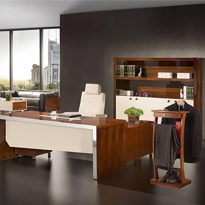 Suit Valet Stand with Tray, Wood Valet Stand for Men, Floor Standing Clothes Valet Stand, Valet Stand for Office Living Room Bed Room 44.4X30X112.2CM (Black)