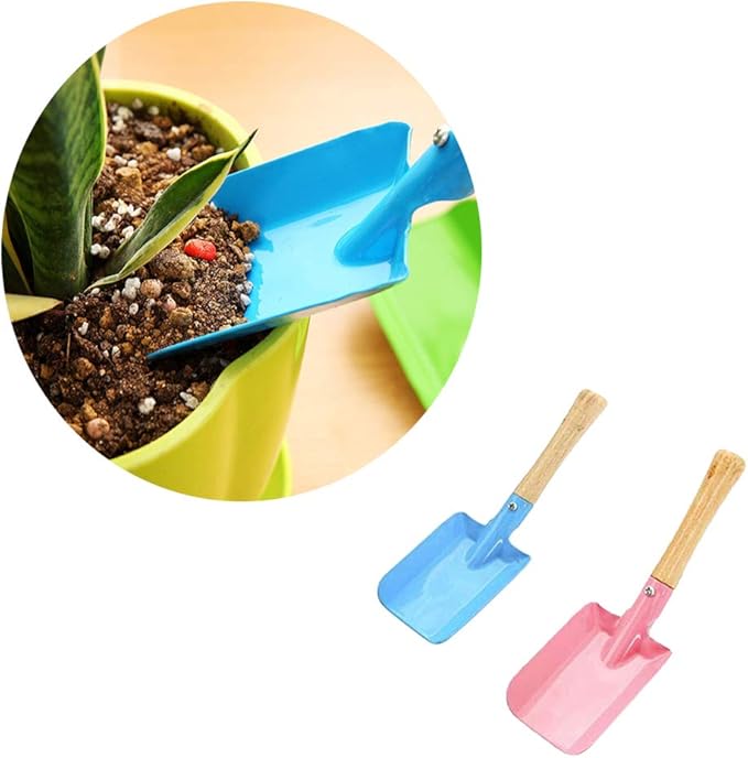 2pcs Small Gardening Shovel Metal Candy Color Wooden Handle Flat Trowel Scoop Digging Lawn Tool for Flower Succulent Plant,Random Color