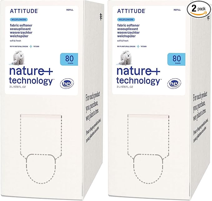 ATTITUDE Liquid Fabric Softener Refill,Plant-Based & Vegan,HE Compatible,Naturally Derived,Wildflowers Scent,80 Loads,67.6 Fl Oz,(Pack of 2)