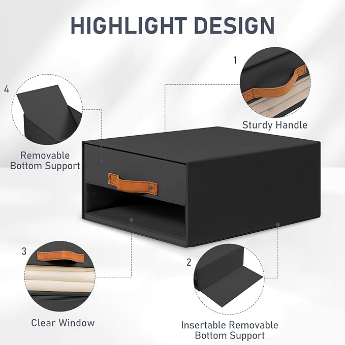 DIMJ Closet Organizers and Storage - Foldable Storage Bins with Drawers Fabric Stackable Storage Drawers with Clear Window,Fabric Clothes Organizers and Storage Drawers for Closet, 6-Pack, Black