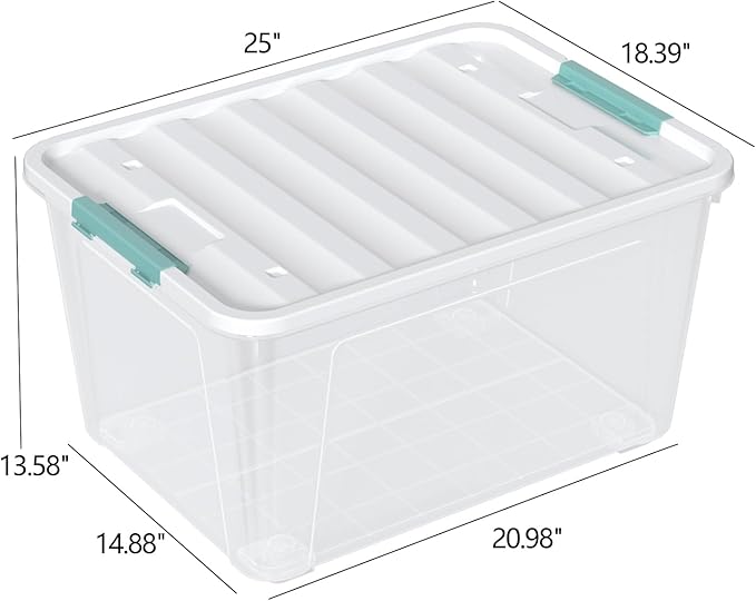 Vababa 80 L Large Plastic Storage Tote with Latch Lids, 4-Pack Clear Plastic Storage Bin with Wheels