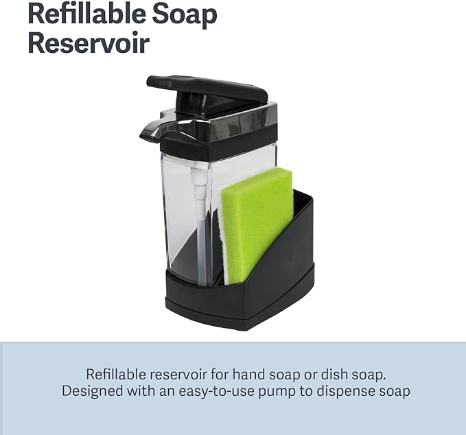 Casabella Sink Sider Solo Kitchen Soap Pump and Sponge Caddy, Black/Chrome - 2-in-1 Soap and Sponge Caddy, One-Hand Soap Dispensing, Ergonomic Design, Easy to Refill and Clean, Efficient Size