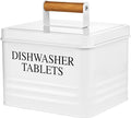 Calindiana Modern Farmhouse Metal Dishwasher Pods Container Holder with Lid for Kitchen Organization and Storage, Kitchen Essentials Decor Accessories, White