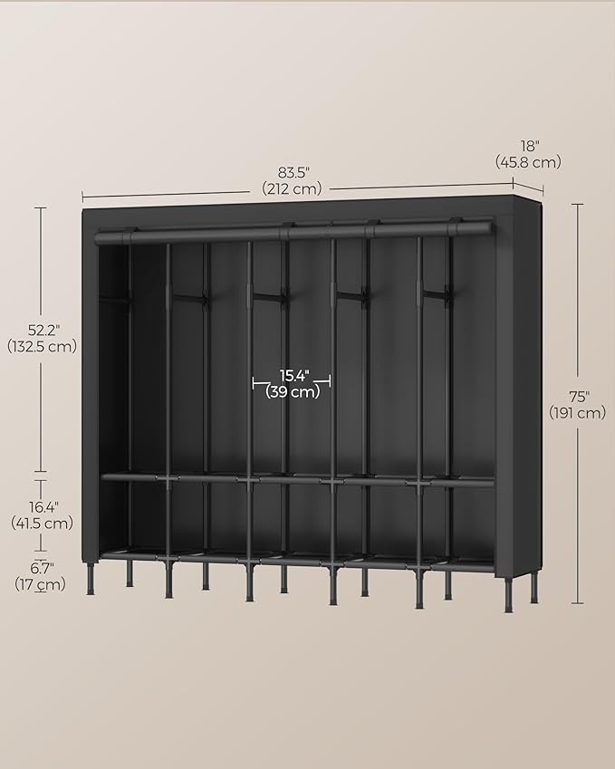 SONGMICS Wardrobe Closet, 83.5 Inch Large Capacity Portable Closet, Clothing Rack, 25 mm Dia,Thick Steel Tubes, Clothes Organizer with Fabric Cover, 5 Hanging Rails, 10 Shelves, Ink Black URDR095B01