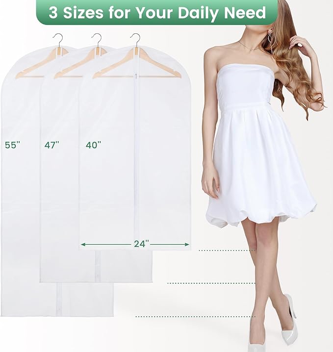 Carbrea Translucent Garment Bag - 15 Packs Garment Bags for Hanging Clothes Dress Bag Suit Bags for Closet Storage Travel - 24" x 40"/47"/55"