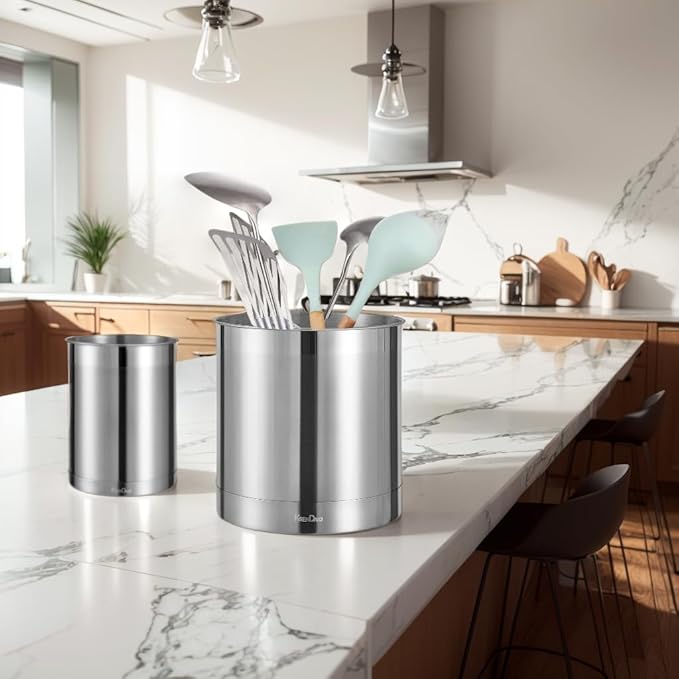 KSENDALO Utensil Crock Set, 6.6inch Cooking Utensil Holder Stainless Steel Container for Kitchen Counter,Metal Kitchen Spoon Spatula Cutlery Tool Holder Organizer, Silver (6 Pack)