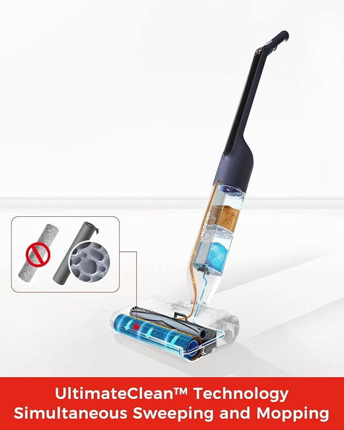HIZERO F600 Hard Floor Cleaner with Headlight, Self-Cleaning Roller & Triple Separation, 60Min Cordless Runtime, Wet Dry Sweeping Mopping All-in-One for Wood Tile & Pet Homes