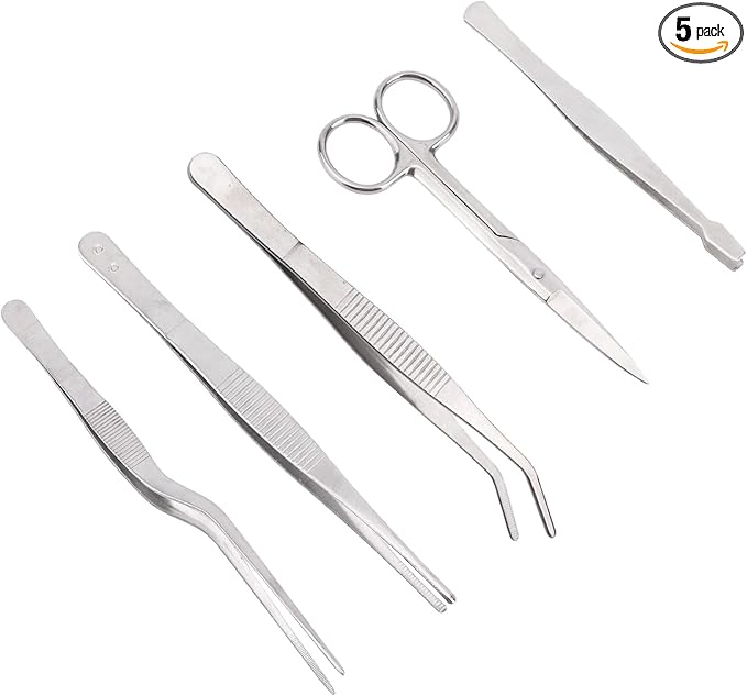 5pcs Plant Tweezers and Scissors, Long Stainless Steel Garden Bend Tongs Set with Straight Curved Flat Point Tip Multiple-Use Gardening Tools for Bonsai Reptile Feeding Kitchen Use