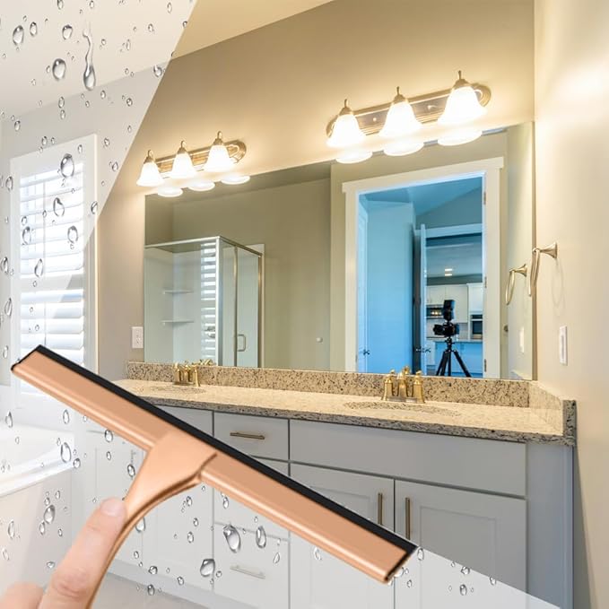 OPERNEE Shower Squeegee with Self Adhesive Hook, 14 Inches Stainless Steel Squeegee Cleaner, All-Purpose Window Scraper for Bathroom Doors, Mirror, Windows and Car Glass, Rose Gold