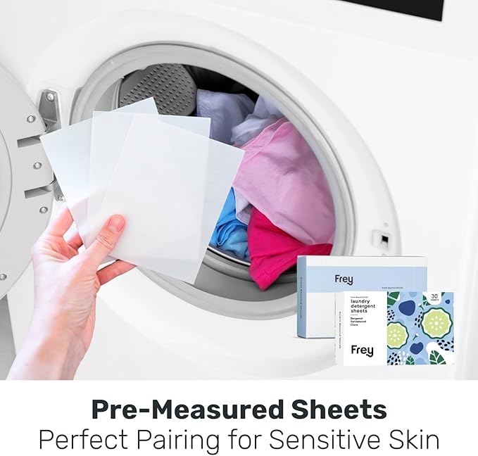 FREY Laundry Detergent + Dryer Sheets Bundle, 60 Count - Plastic Free Liquidless Full Wash Solution for Soft, Fresh Clothes, Bergamot Sandalwood Clove Scent