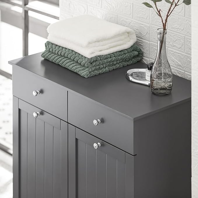 Haotian Tilt-Out Bathroom Laundry Cabinet Hidden Hamper Organizer with Double Baskets and Drawers Storing Unit Storage, Grey BZR33-DG
