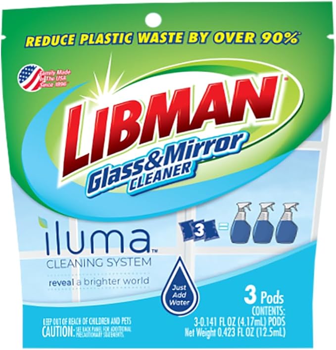 Libman Iluma Glass & Mirror Cleaner Refill | Window Cleaning Pods Glass & Mirror Cleaner | Mirror Cleaner Refill | Chrome Cleaner Refill | 3 Pods | Add Water and Shake