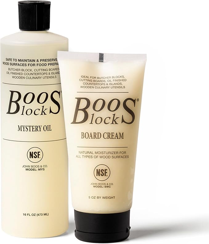 John Boos 2-Piece All-Natural Care & Maintenance Set – 16 oz Mystery Oil & 5 oz Board Cream for Butcher Blocks, Cutting Boards, Wood Countertops, and Wooden Utensils