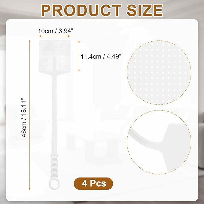 HARFINGTON 6pcs Fly Swatter 4.5"x3.9" Plastic Manual Heavy Duty Long Handle Fly Swatter for Home Indoor Outdoor, White