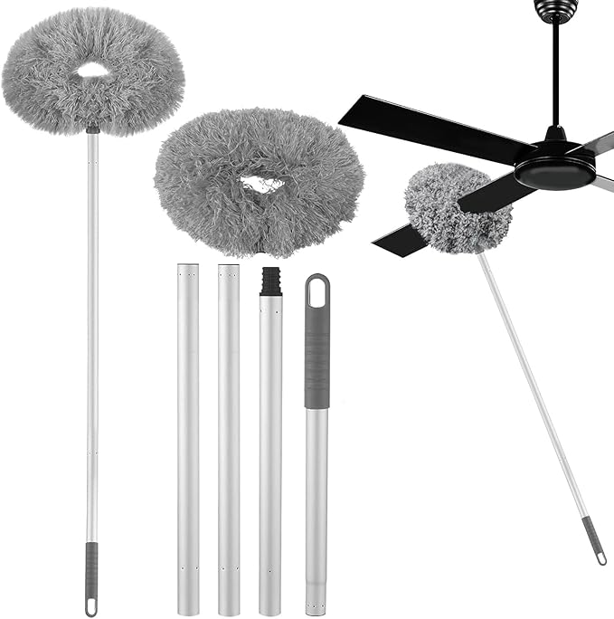 Ceiling Fan Cleaner Duster,Extra Long Dusters with Extension Pole 47 inch for Cleaning, Circle Shape Microfiber Reusable Duster & Flexible Brush, Ceiling Fan Duster for High Ceilings, Furniture (Grey)